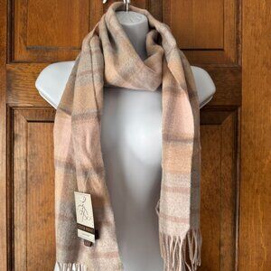 NWT Louisa Perini Peach/Gray/Tan Plaid Cashmere Scarf w/Fringe